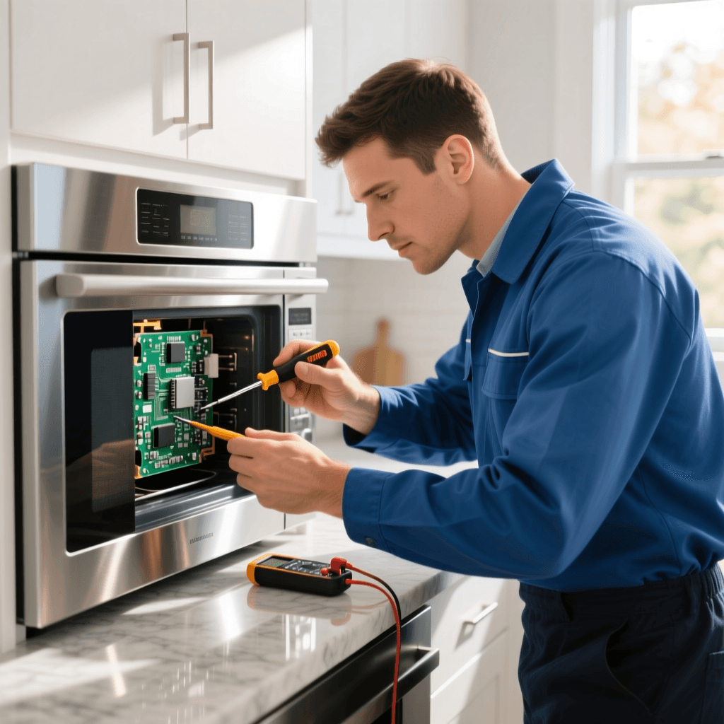 Appliance repair technician at work in a Bengaluru kitchen